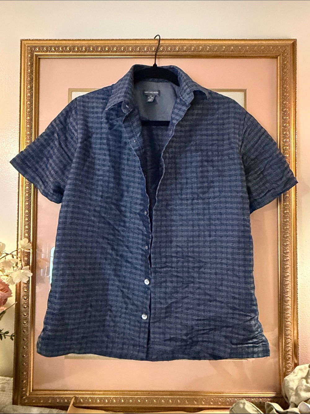 Van Heusen Men's Blue Short-Sleeve Checked Button-Down Shirt